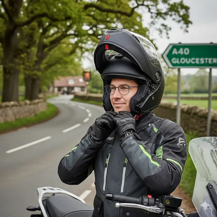 A British motorcyclist wearing glasses easily sliding on a full-face crash helmet before a ride. motorcycle helmets for glasses wearers