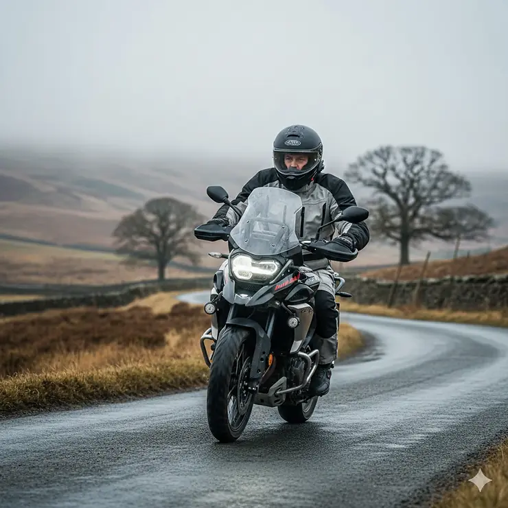 A motorcyclist riding on a damp British country road wearing a full-face winter motorcycle helmet with a Pinlock anti-fog visor. motorcycle helmets for winter