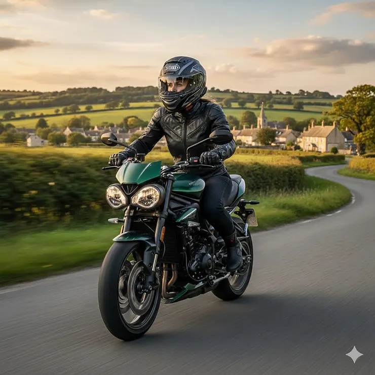 A female motorcyclist wearing a premium full-face helmet with a clear visor, positioned against a British countryside road background. motorcycle helmets for women