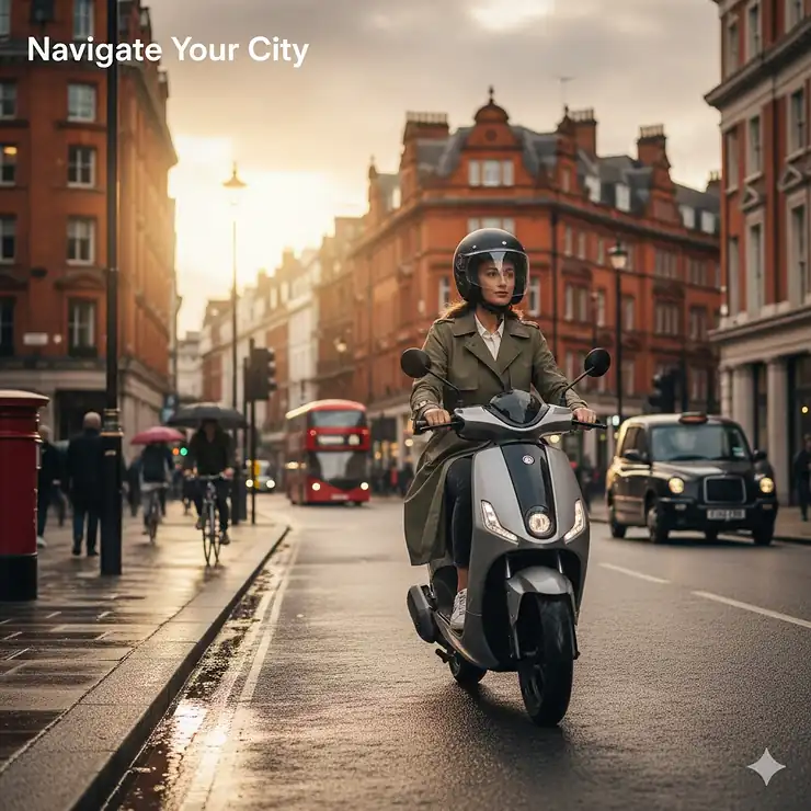 A rider wearing a stylish matte black open-face scooter helmet while commuting through a British city street with red buses and classic architecture. scooter helmets