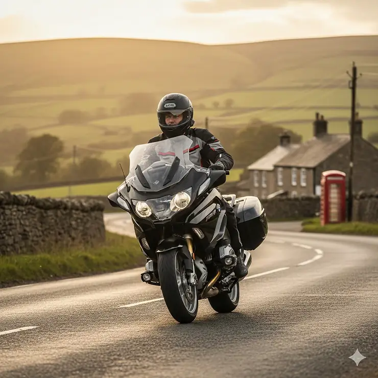 A rider wearing a premium sports touring helmet while riding a motorbike through the British countryside past a traditional red telephone box. sports touring helmets UK