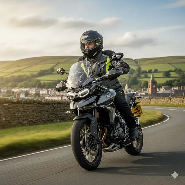 A motorcyclist riding a sports bike on a British country road wearing a full-face helmet with open chin and top vents for airflow. ventilated motorcycle helmets