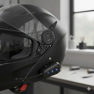 A close-up of a sports touring helmet with an integrated Bluetooth intercom system for staying connected on long UK road trips.