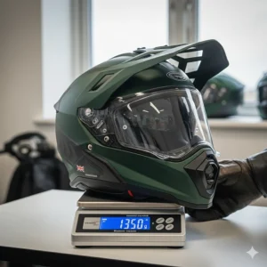 A lightweight carbon fibre adventure motorcycle helmet being weighed to show comfort for long-distance touring.