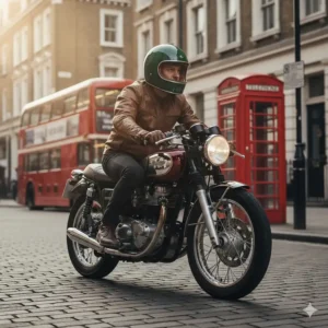 An urban lifestyle illustration of a rider on a cafe racer motorbike wearing a retro full-face helmet in a British city setting.