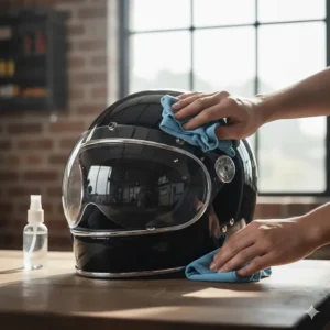 An illustration demonstrating the proper maintenance of a retro bubble visor using a soft microfibre cloth and specialized helmet cleaner.