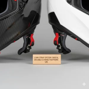 Detail of the Double-D ring chin strap fastening system used on both premium sports-touring helmets.