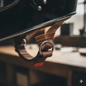 A technical illustration showing the traditional Double-D ring fastening system on a classic motorbike helmet chin strap.