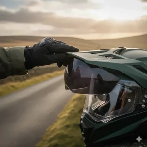 A rider demonstrating a drop-down internal sun visor, essential for low winter sun on UK roads.