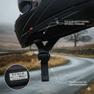 The ECE 22.06 safety certification label on a motorcycle helmet strap, meeting current UK legal requirements.