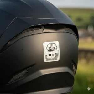 The ECE 22.06 safety certification sticker on the back of a well-ventilated British-spec motorbike helmet.