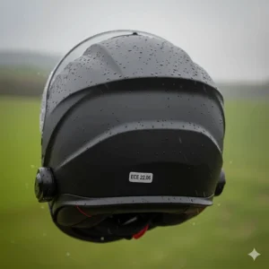 The ECE 22.06 safety rating sticker on the back of a waterproof motorcycle helmet, ensuring UK road legality.