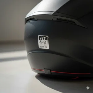 A graphic showing the ECE 22.06 safety certification sticker on the back of a commuter motorcycle helmet.