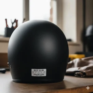 Close-up of the ECE 22.06 safety certification sticker on the back of a low profile open-face helmet.
