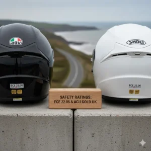 Close-up of the ECE 22.06 safety rating stickers on the rear of the AGV K6 and Shoei RF-1400.