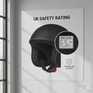 A diagram showing the ECE 22.06 safety certification rating required for scooter helmets on UK roads.