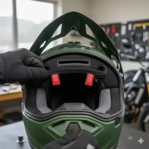 High-visibility red emergency release tabs on the underside of an adventure helmet for UK paramedic safety.