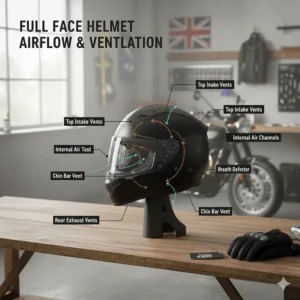Close-up illustration of the adjustable chin and top vents on a motorbike helmet designed to provide optimal airflow for UK riders.