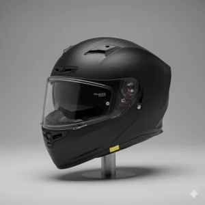 A sleek, aerodynamic women's full-face motorcycle helmet in a matte black finish with an anti-fog Pinlock insert.