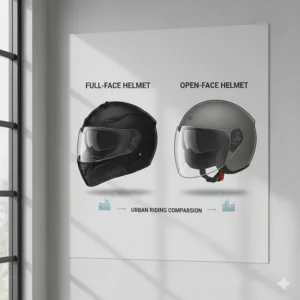 Comparison between a full-face moped helmet and an open-face jet helmet for urban riding in the UK.