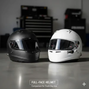 Comparison of an open-face helmet for track days and a full-face helmet for high-speed circuit driving.