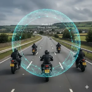 A diagram showing a group of four motorcyclists connected via Mesh 2.0 technology on a group ride.