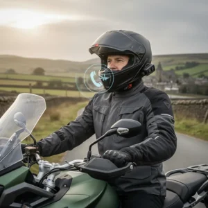 A close-up of a rider safely taking a hands-free phone call via a Bluetooth helmet headset.
