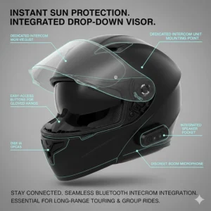 Illustration of a helmet with dedicated pockets for a Bluetooth communication system for long-range touring.