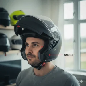 Close-up guide of a motorcycle helmet's interior showing how cheek pads should provide a snug fit against the face without gaps.