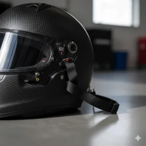 Close-up of factory-fitted HANS device posts on a motorsport helmet for neck protection on track.