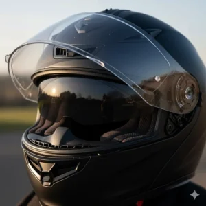 A modern sports touring lid featuring a drop-down internal sun visor, perfect for dealing with low-angled sun on British A-roads.