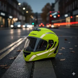 A high-visibility yellow motorcycle helmet with reflective strips for safer evening commuting in autumn and winter.