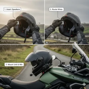Step-by-step diagram showing how to install a Bluetooth communication system into a standard UK motorcycle helmet.