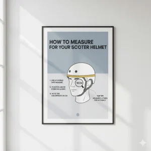 An instructional guide showing how to use a flexible tape measure to find the correct size for a new scooter helmet.