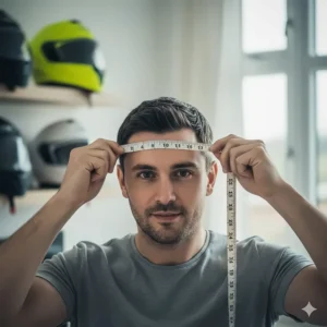 Illustration showing the correct tape measure placement 2.5cm above the eyebrows for an accurate UK helmet size measurement in centimetres.
