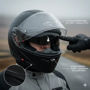 Illustration of a motorcycle helmet with an internal drop-down sun visor to combat low winter sun on UK roads.