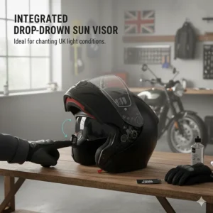 Demonstration of an internal drop-down sun visor being deployed, a key feature for riding in changing British light conditions.