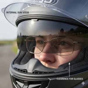 A motorcycle helmet with an integrated drop-down sun visor showing sufficient clearance for prescription glasses.