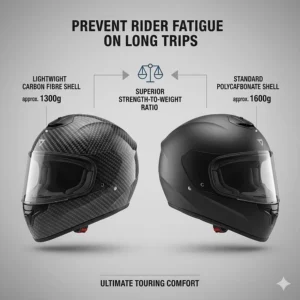 Graphic comparing the weight of carbon fibre versus polycarbonate shells to prevent rider fatigue.