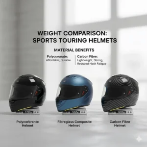 Graphic comparing the weight of carbon fibre and polycarbonate sports touring helmets to help UK riders reduce neck fatigue.