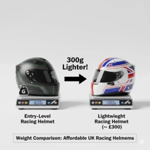 Diagram comparing the weight of entry-level racing helmets to premium lightweight models under £300.