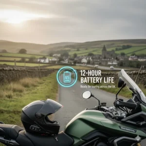 Iconography representing 12-hour battery life for long-distance touring across the UK.