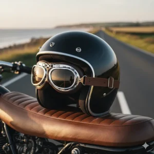A low profile open-face motorbike helmet paired with retro-style goggles for wind protection on UK A-roads.