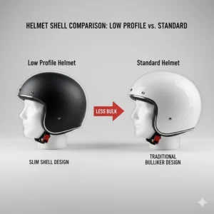 Comparison diagram showing the slimmer shell design of a low profile helmet versus a bulky standard helmet.