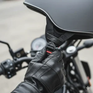 Detail of a quick-release micrometric buckle on a low profile helmet strap for easy use with winter gloves.