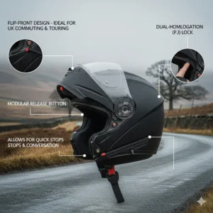 A modular flip-front motorcycle helmet in a semi-open position, popular for UK winter commuting and touring.