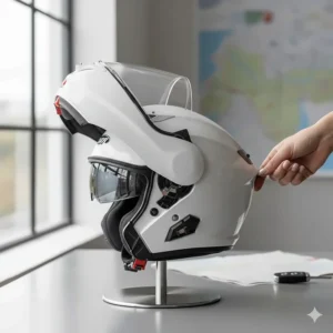 A woman lifting the chin bar of a white modular flip-front motorbike helmet, ideal for touring and versatility in UK weather.