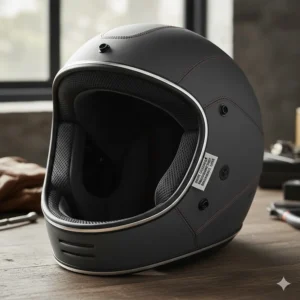 Interior view of a low profile motorcycle helmet featuring high-quality, removable British-weather-ready lining.