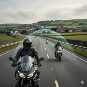 Illustration showing the distance range between two bikers using Bluetooth intercoms on a UK motorway.
