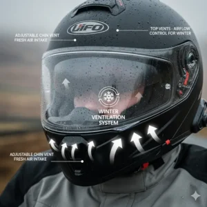 Close-up diagram of adjustable chin and top vents on a motorbike helmet designed for winter airflow control.